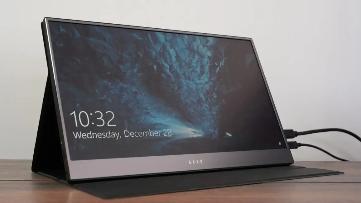 Portable touchscreen monitor switched on and connected with USB-C